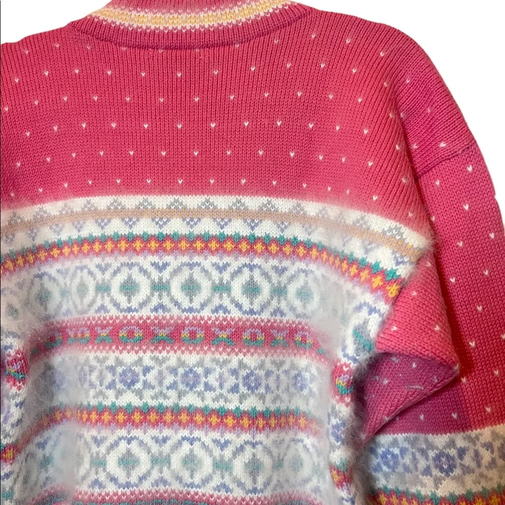 Vintage Marceau Wool Angora Fair‎ Isle Sweater Fuzzy Pink Mustard Cottagecore